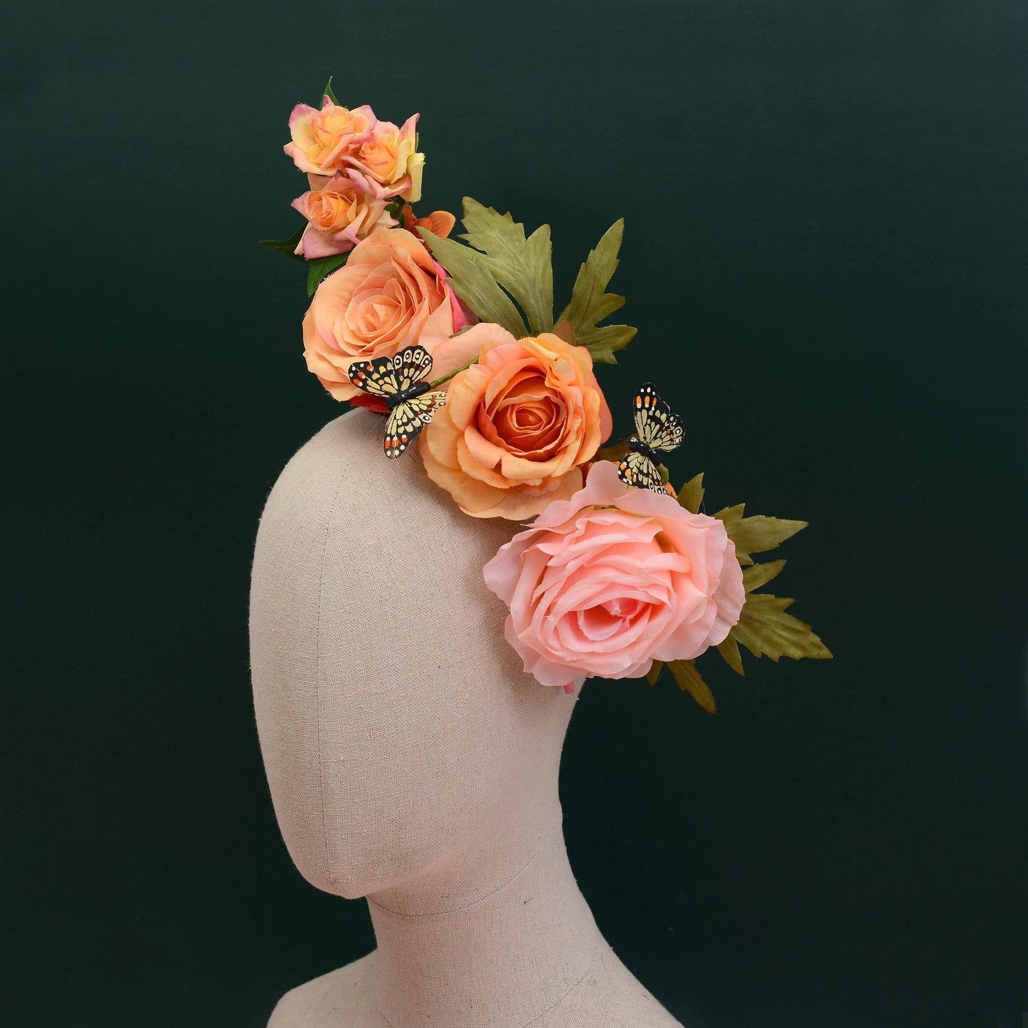 Sculptural Roses Headpiece in Pink and Orange | Flower Fascinator | Flower Headband | Wedding Headpiece | Races Headpiece