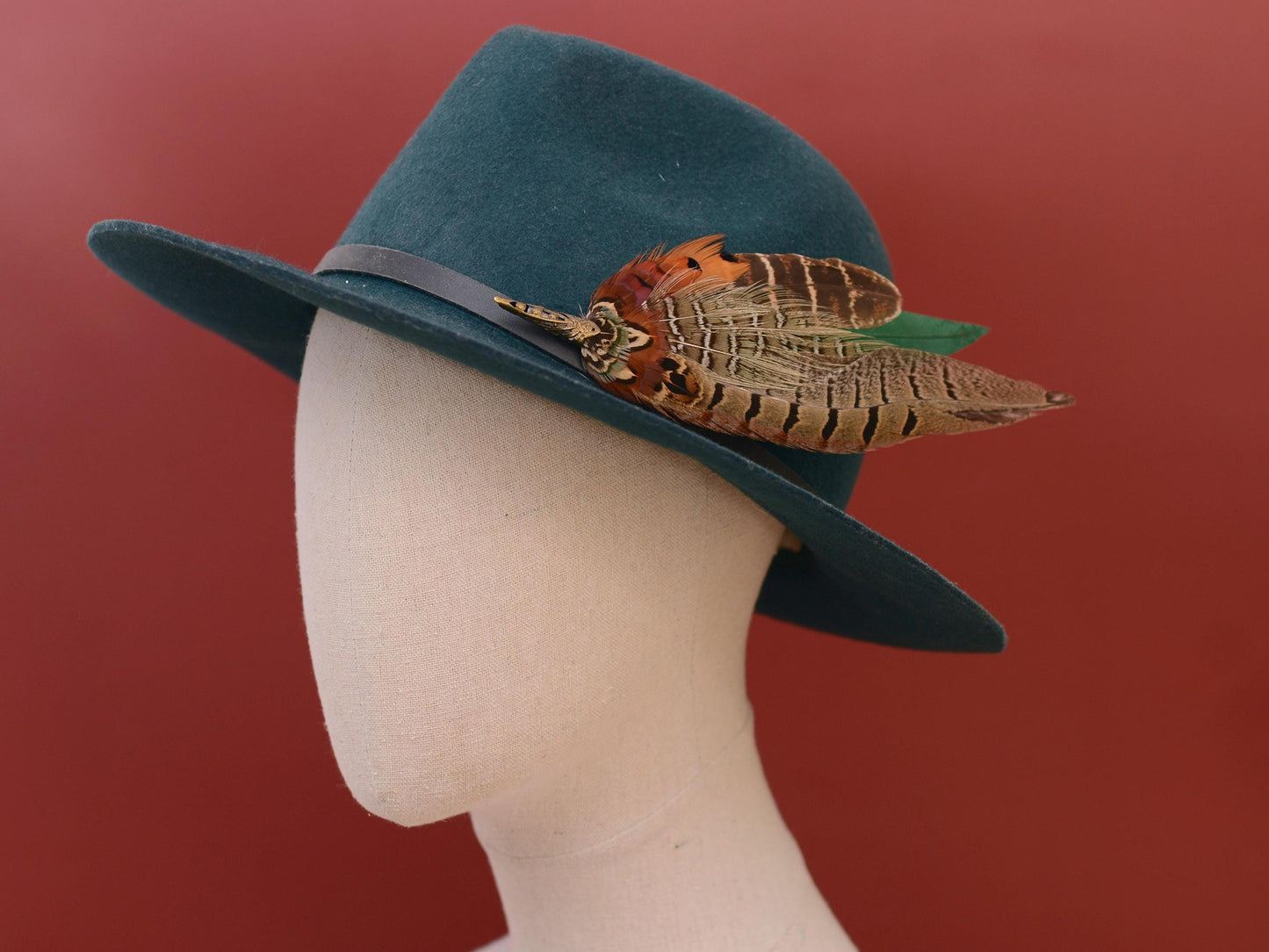 Pheasant Feather Brooch Hat Pin in Green and Copper No.274 | Unique Pheasant Feather Boutonniere