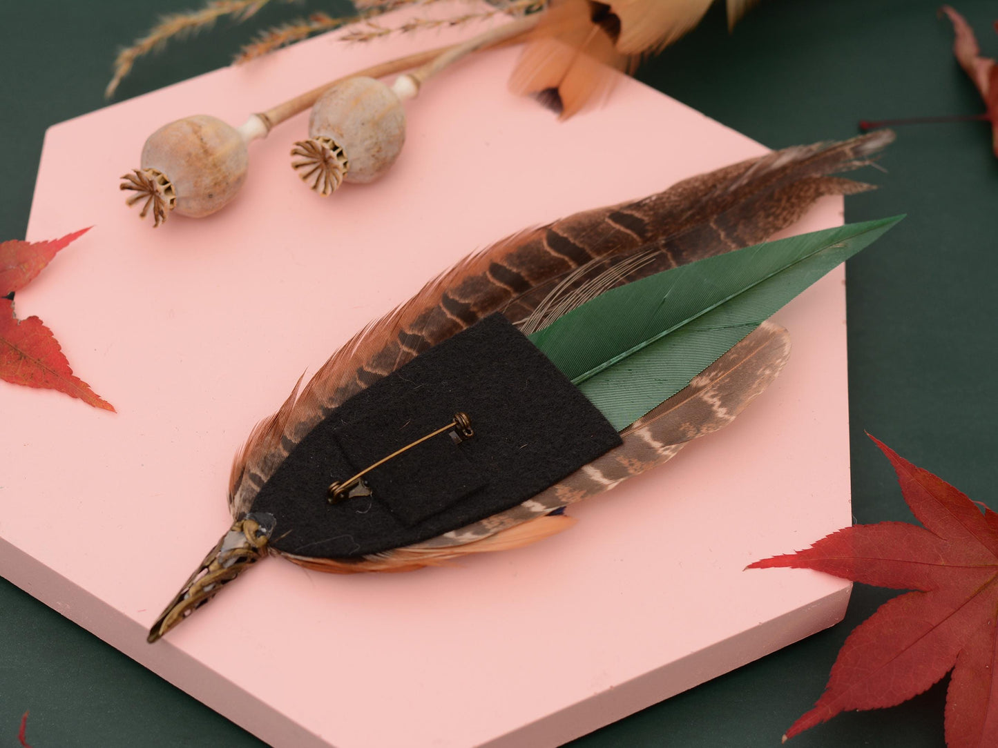 Pheasant Feather Brooch Hat Pin in Green and Copper No.274 | Unique Pheasant Feather Boutonniere