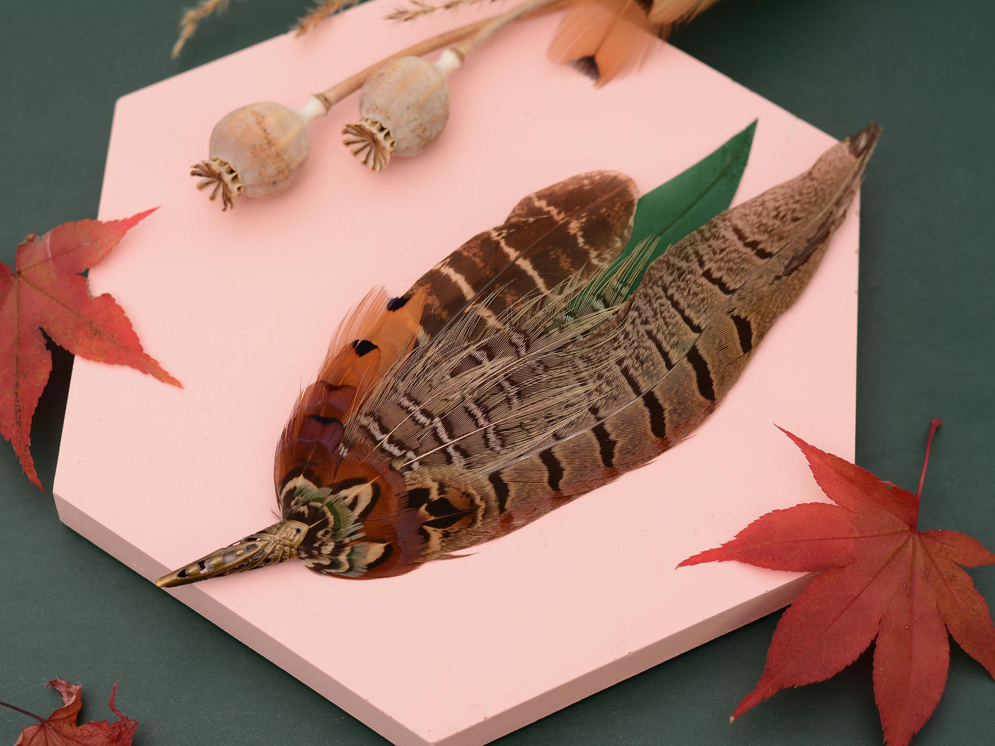 Pheasant Feather Brooch Hat Pin in Green and Copper No.274 | Unique Pheasant Feather Boutonniere
