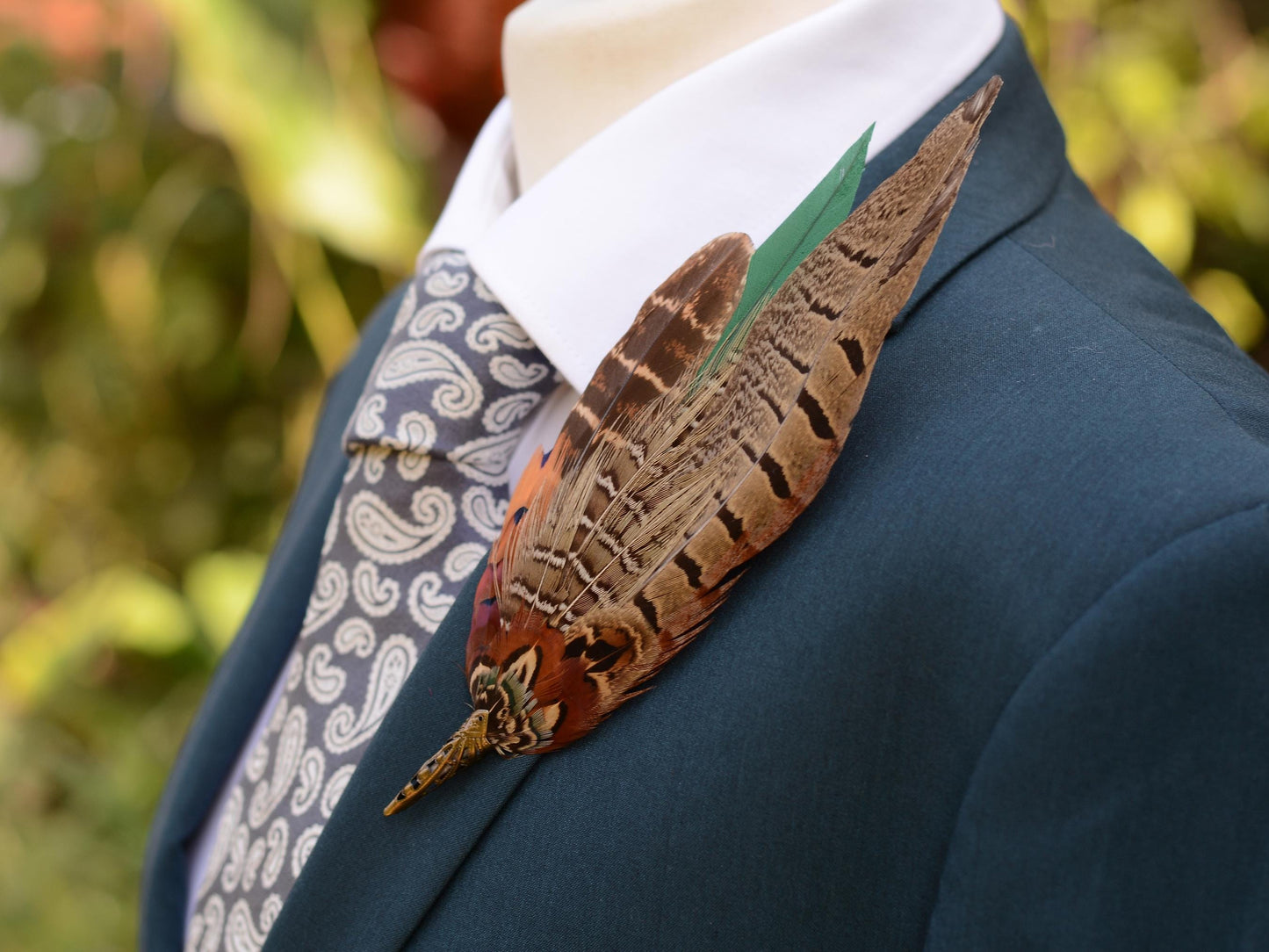 Pheasant Feather Brooch Hat Pin in Green and Copper No.274 | Unique Pheasant Feather Boutonniere