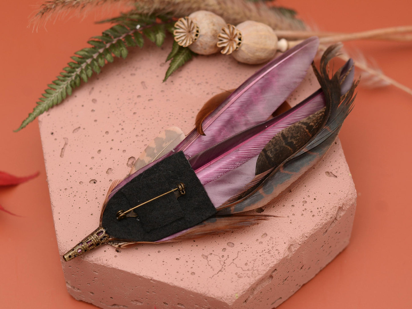 Pheasant Feather Hat Pin in Plum Purple and Copper No.305 | Pheasant Feather Boutonniere / Feather Brooch