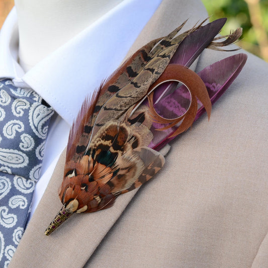 Pheasant Feather Hat Pin in Plum Purple and Copper No.305 | Pheasant Feather Boutonniere / Feather Brooch