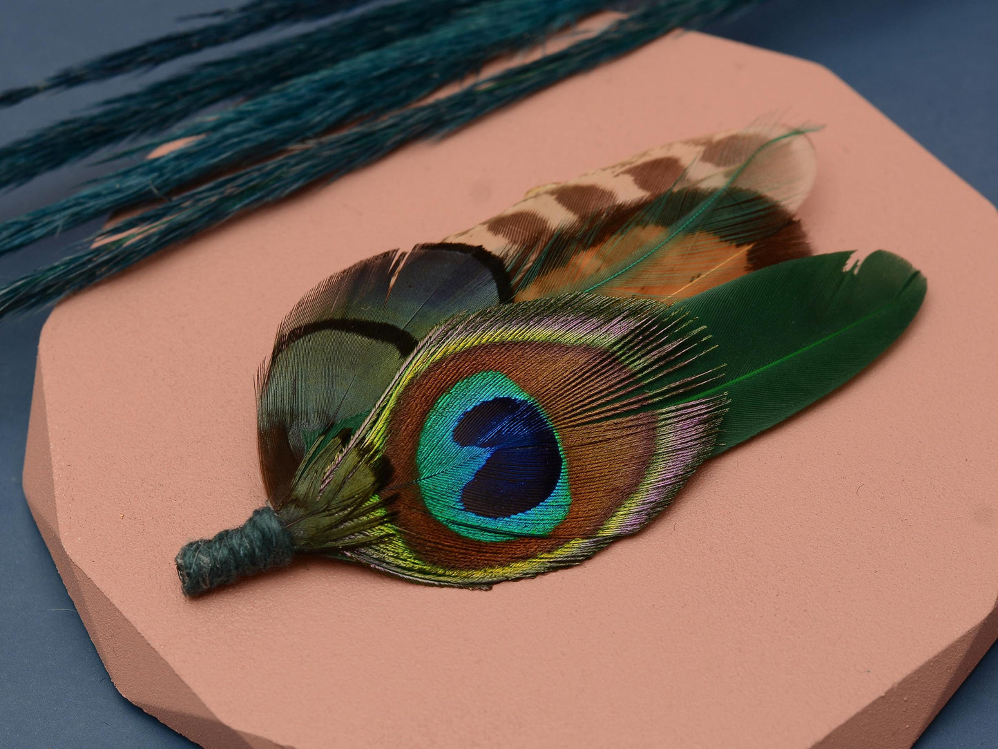Green Peacock and Pheasant Feather Boutonniere | Peacock Feather Hat Pin | Peacock Feather Brooch