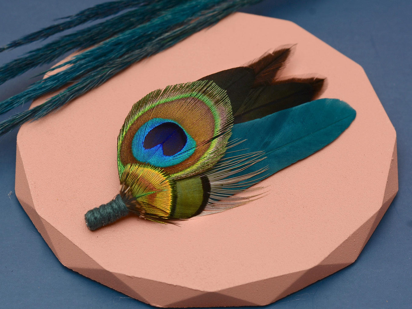 Teal and Peacock Feather Lapel Pin / Hat Pin | Peacock Feather Boutonniere | Peacock Feather Brooch