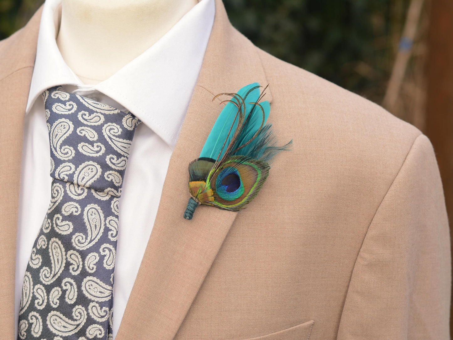 Teal Peacock Feather Boutonniere | Peacock Feather Corsage | Peacock Feather Brooch