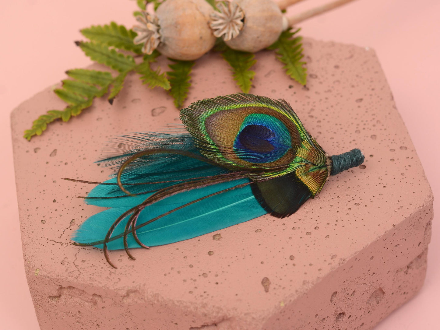 Teal Peacock Feather Boutonniere | Peacock Feather Corsage | Peacock Feather Brooch