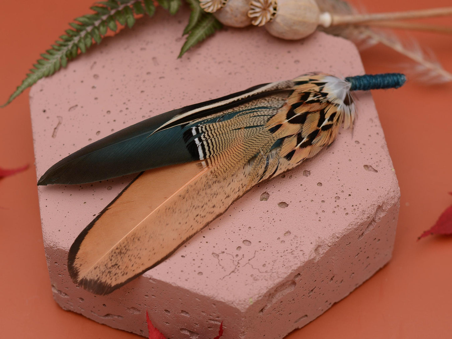 Green and Gold Duck and Pheasant Feather Hat Pin No.142 | Unique Pheasant Feather Boutonniere | Duck Feather Brooch Pin