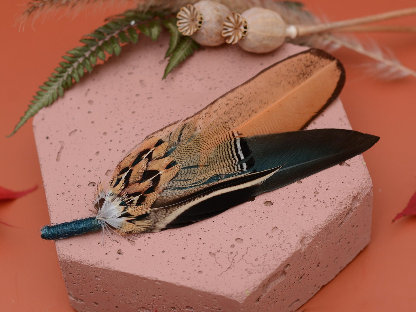 Green and Gold Duck and Pheasant Feather Hat Pin No.142 | Unique Pheasant Feather Boutonniere | Duck Feather Brooch Pin