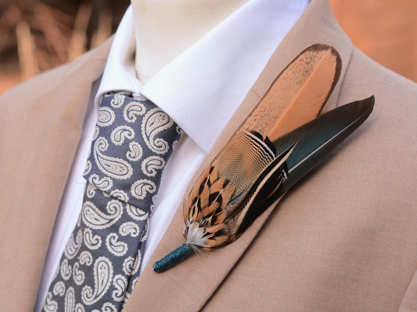 Green and Gold Duck and Pheasant Feather Hat Pin No.142 | Unique Pheasant Feather Boutonniere | Duck Feather Brooch Pin