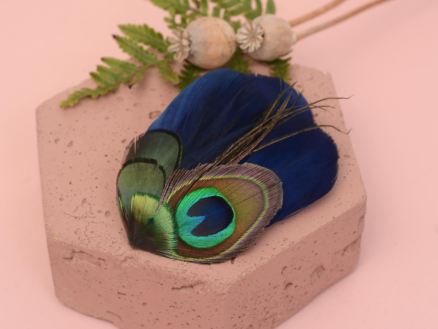 Navy Blue and Peacock Feather Hair Clip, Peacock Feather Fascinator