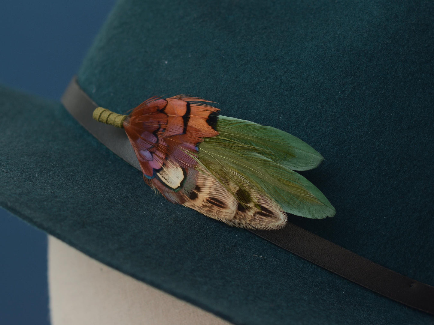 Green and Copper Pheasant Feather Lapel Pin | Feather Boutonniere | Duck Feather Brooch