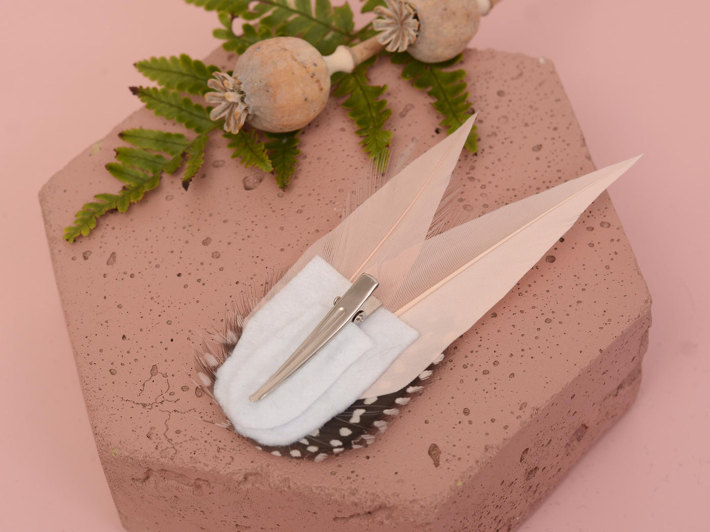 Blush Pink Feather Hair Clip with Polka Dots | Pink Feather Fascinator | Blush Feather Headpiece | Wedding Fascinator | Bridal Headpiece