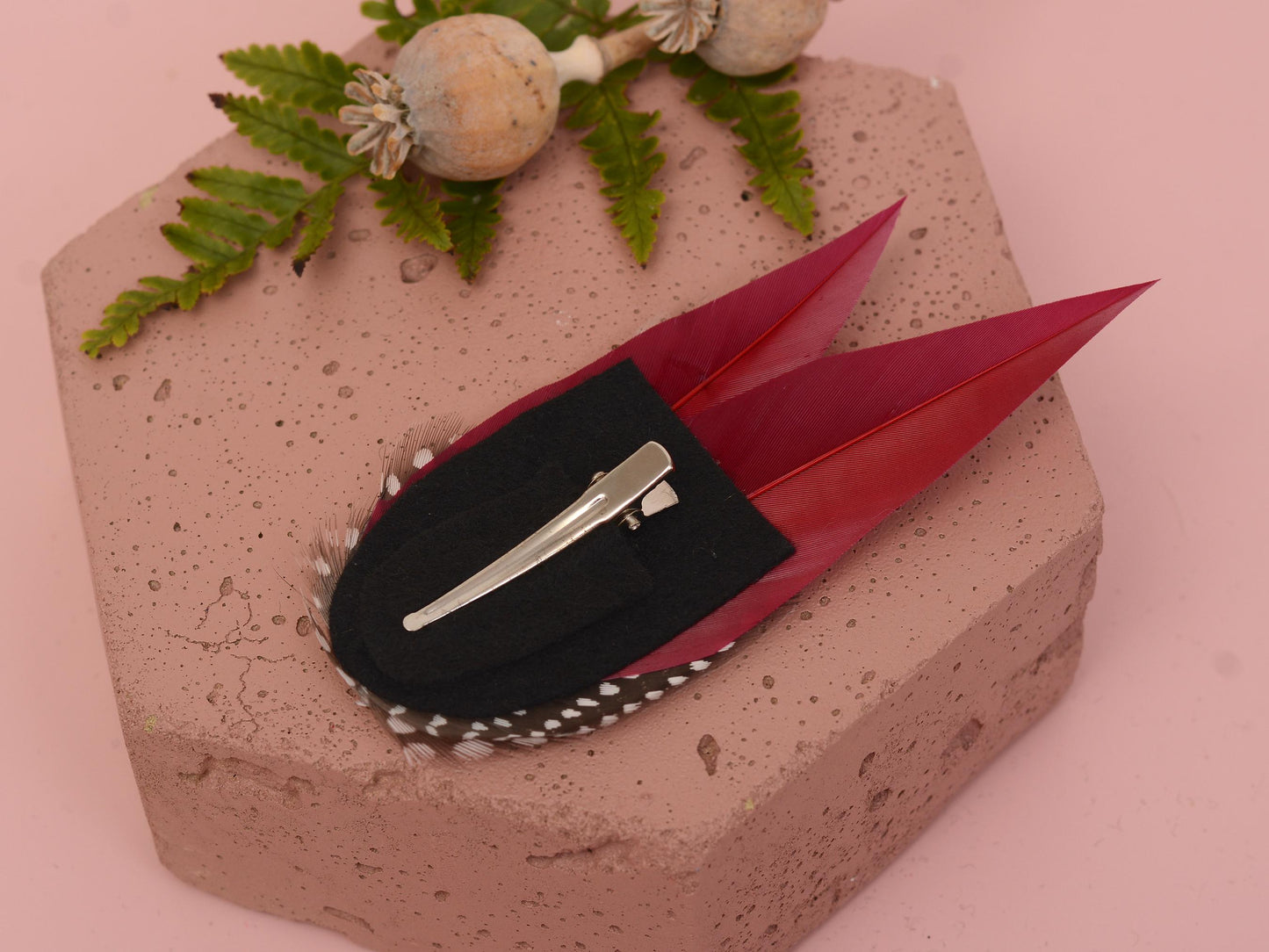 Burgundy Feather Hair Clip with Polka Dots | Burgundy Feather Fascinator | Feather Headpiece | Wedding Fascinator | Bridal Headpiece