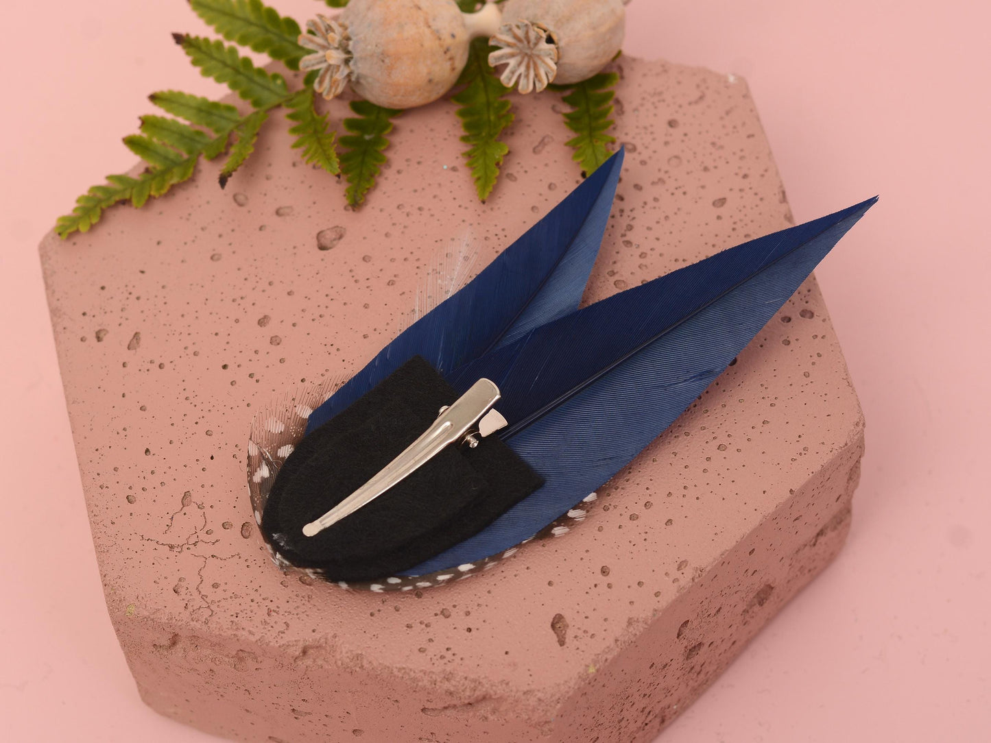 Navy Blue and Polka Dot Feather Hair Clip | Blue Feather Fascinator | Blue Feather Headpiece | Wedding Fascinator | Bridal Headpiece