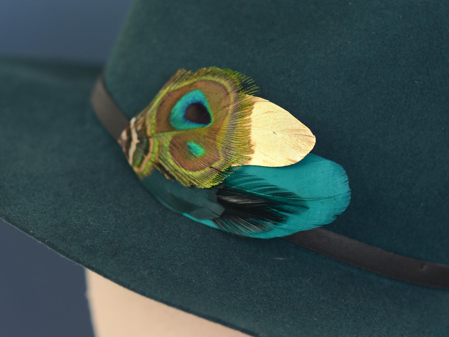 Teal and Gold Peacock Feather Lapel Pin / Hat Pin No.98 | Unique Feather Boutonniere | Peacock Feather Brooch