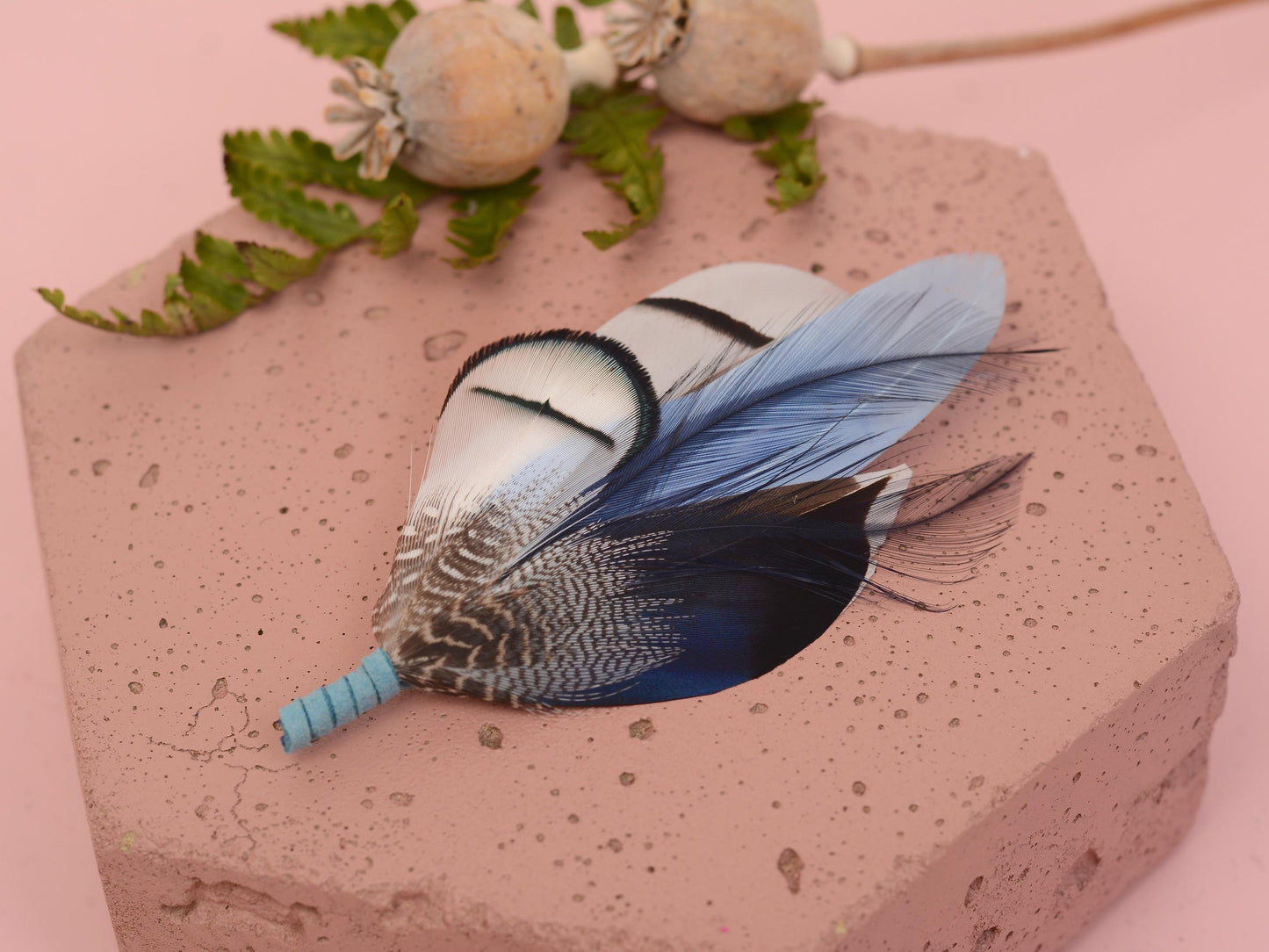 Pheasant and Duck Blue Feather Lapel Pin / Hat Pin No.219 | Unique Peacock Feather Boutonniere | Peacock Feather Brooch