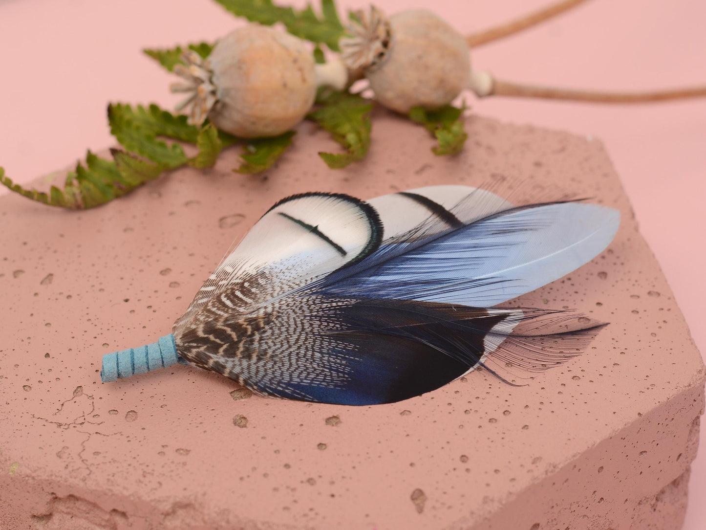 Pheasant and Duck Blue Feather Lapel Pin / Hat Pin No.219 | Unique Peacock Feather Boutonniere | Peacock Feather Brooch