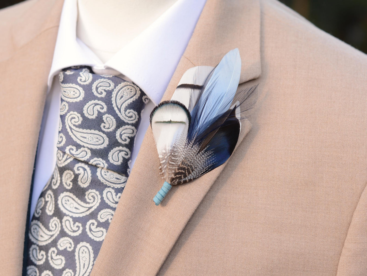 Pheasant and Duck Blue Feather Lapel Pin / Hat Pin No.219 | Unique Peacock Feather Boutonniere | Peacock Feather Brooch
