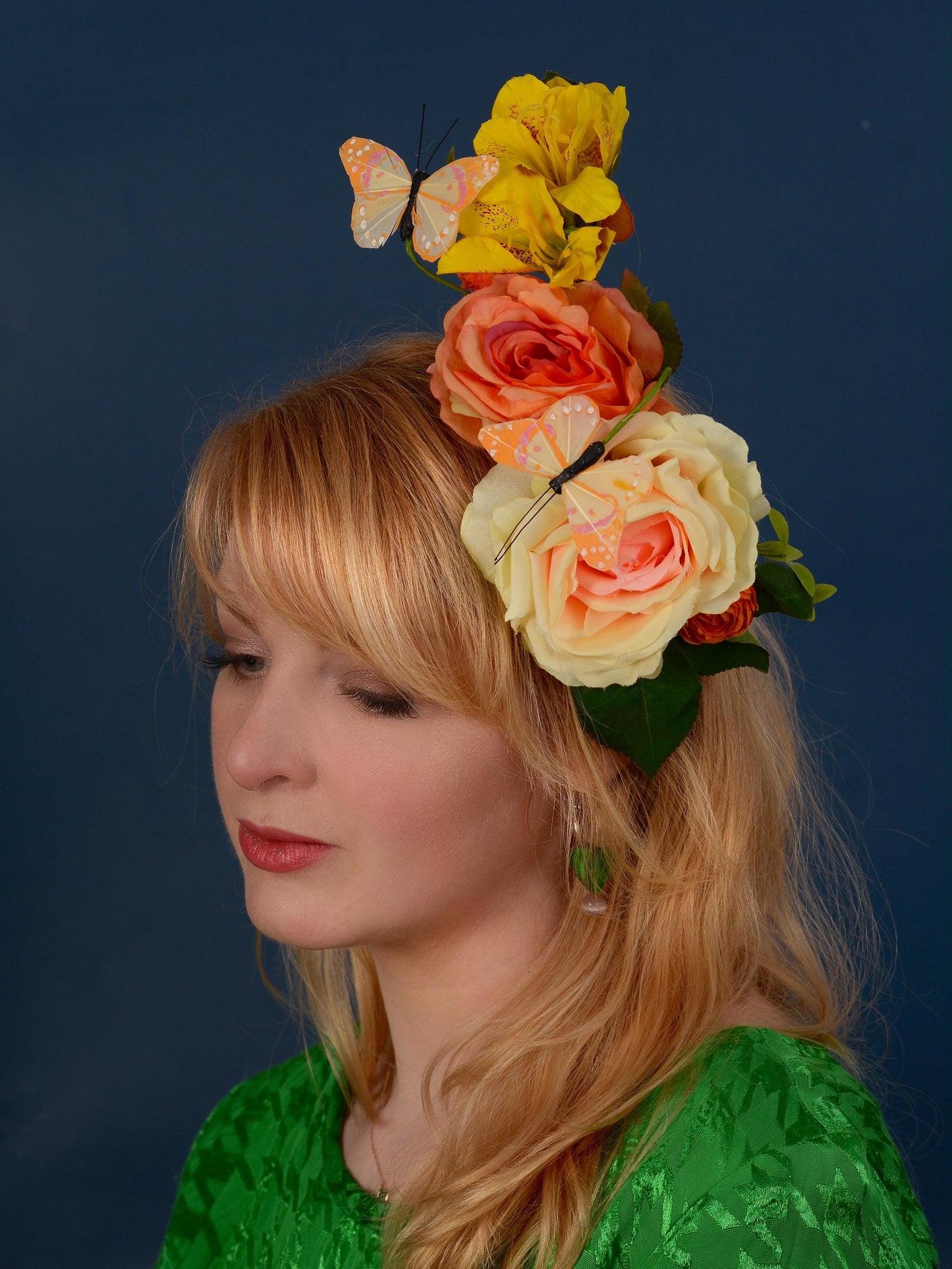 Sculptural Roses and Butterflies Headpiece in Yellow and Orange | Flower Crown | Flower Headband | Wedding Headpiece | Races Headpiece