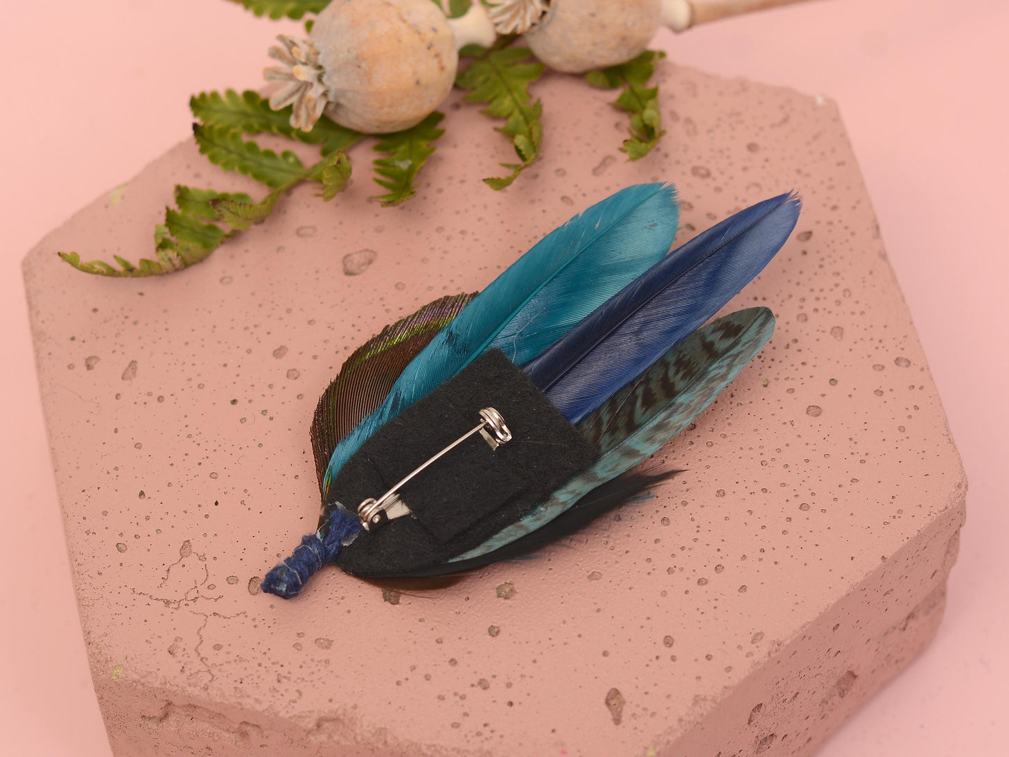 Peacock and Pheasant Navy and Green Feather Lapel Pin Small No.242 | Unique Peacock Feather Boutonniere | Pheasant Feather Brooch