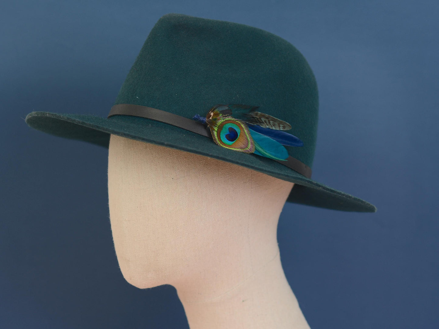 Peacock and Pheasant Navy and Green Feather Lapel Pin Small No.242 | Unique Peacock Feather Boutonniere | Pheasant Feather Brooch