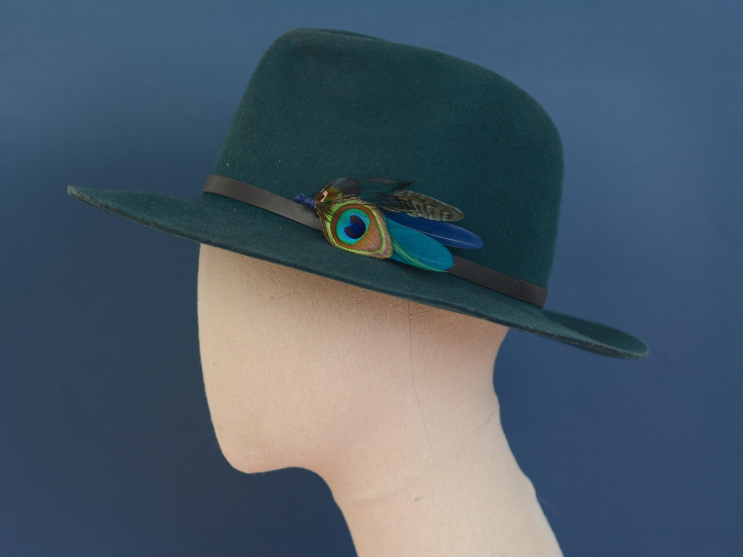 Peacock and Pheasant Navy and Green Feather Lapel Pin Small No.242 | Unique Peacock Feather Boutonniere | Pheasant Feather Brooch