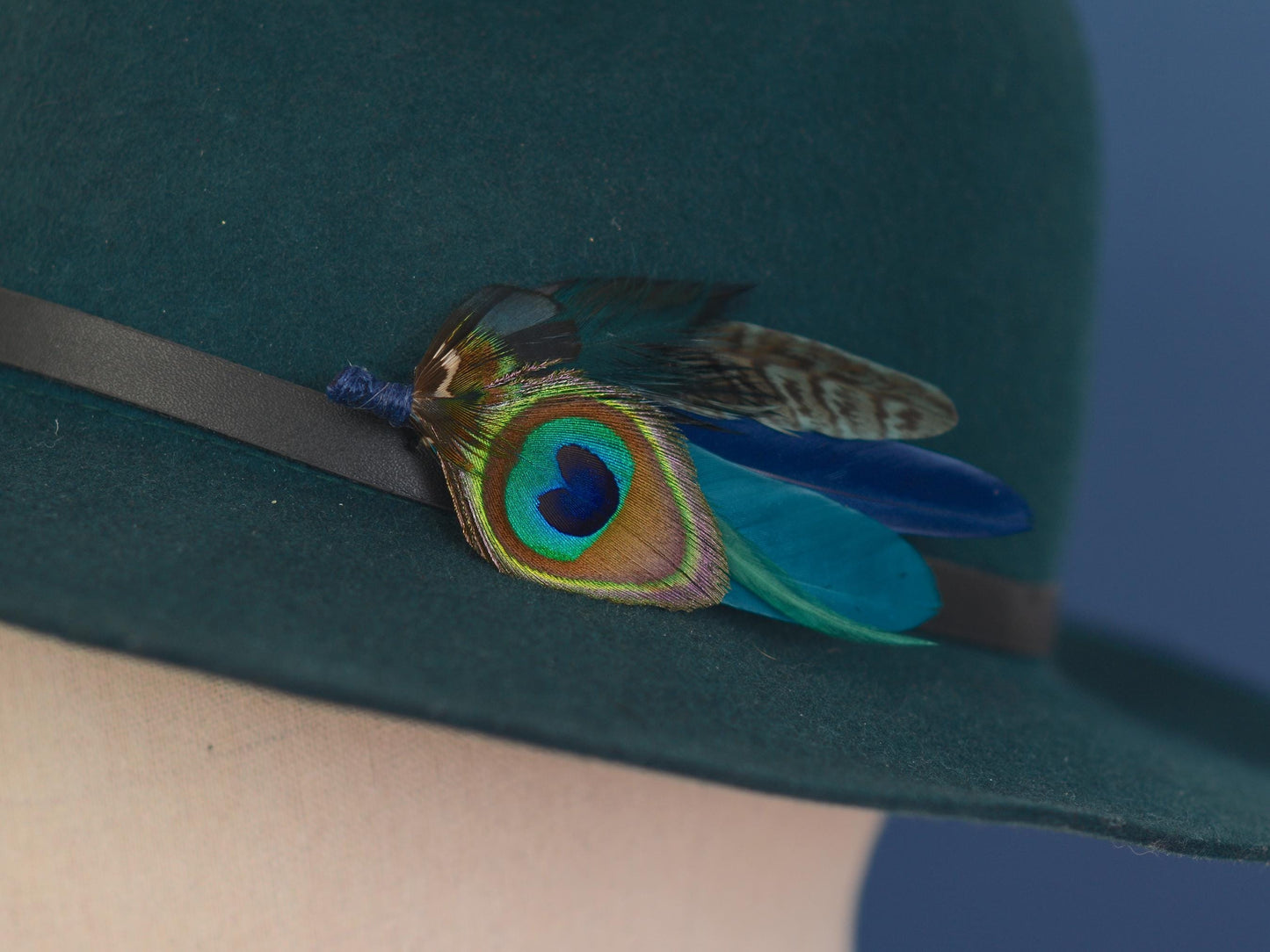 Peacock and Pheasant Navy and Green Feather Lapel Pin Small No.242 | Unique Peacock Feather Boutonniere | Pheasant Feather Brooch