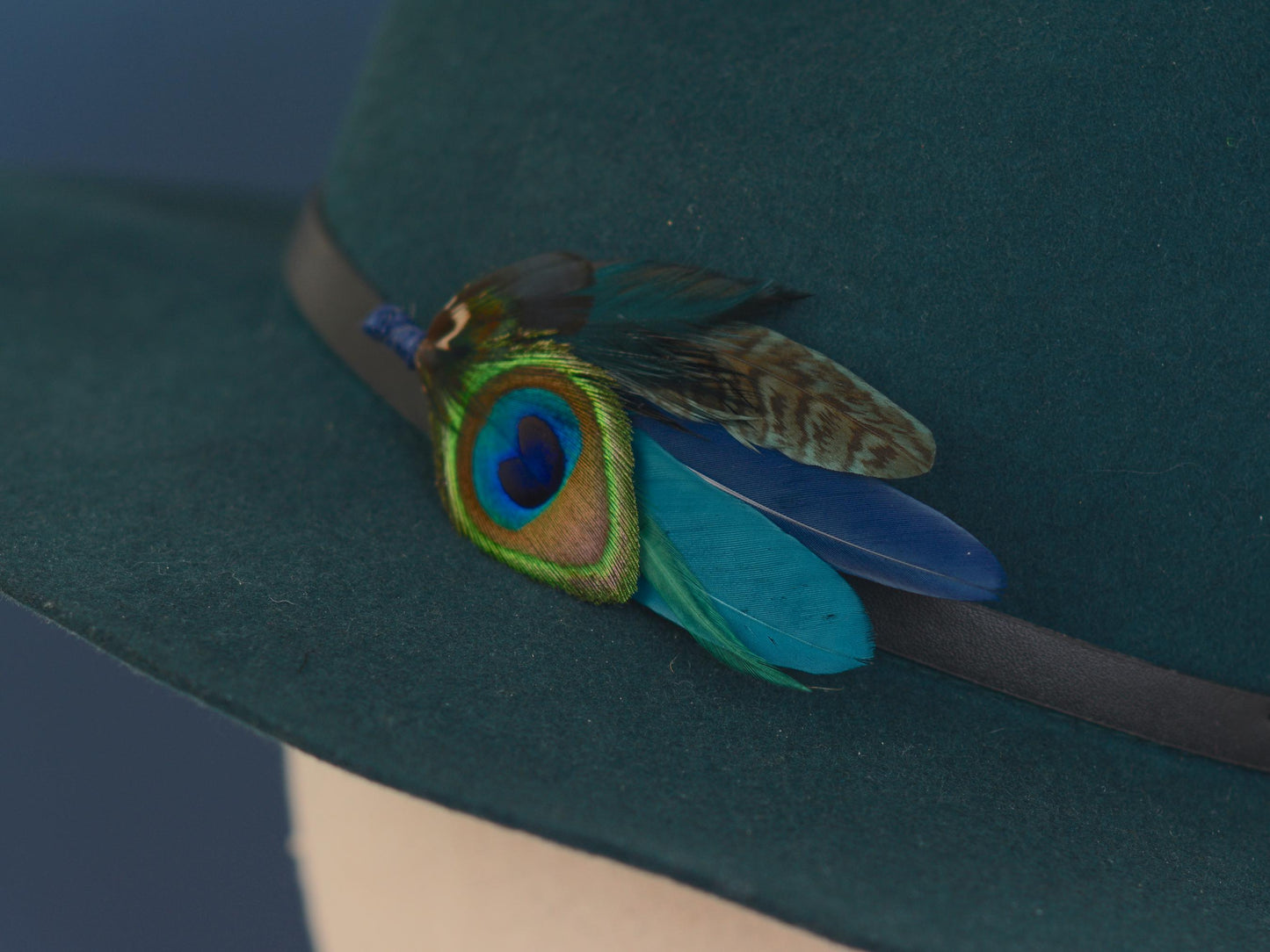 Peacock and Pheasant Navy and Green Feather Lapel Pin Small No.242 | Unique Peacock Feather Boutonniere | Pheasant Feather Brooch