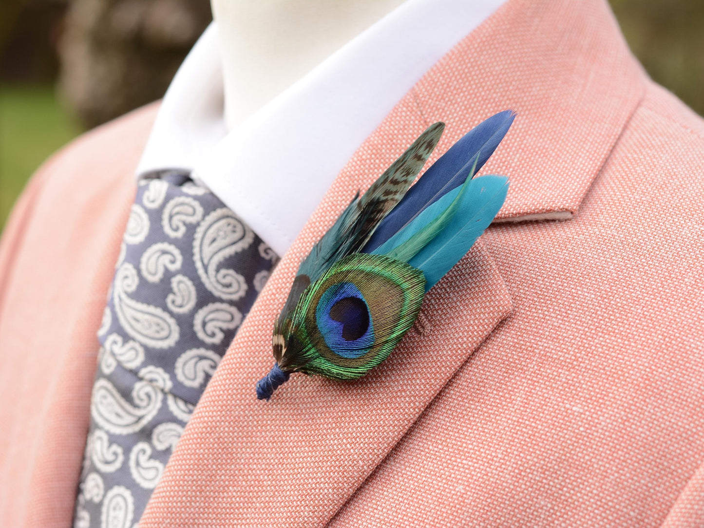 Peacock and Pheasant Navy and Green Feather Lapel Pin Small No.242 | Unique Peacock Feather Boutonniere | Pheasant Feather Brooch
