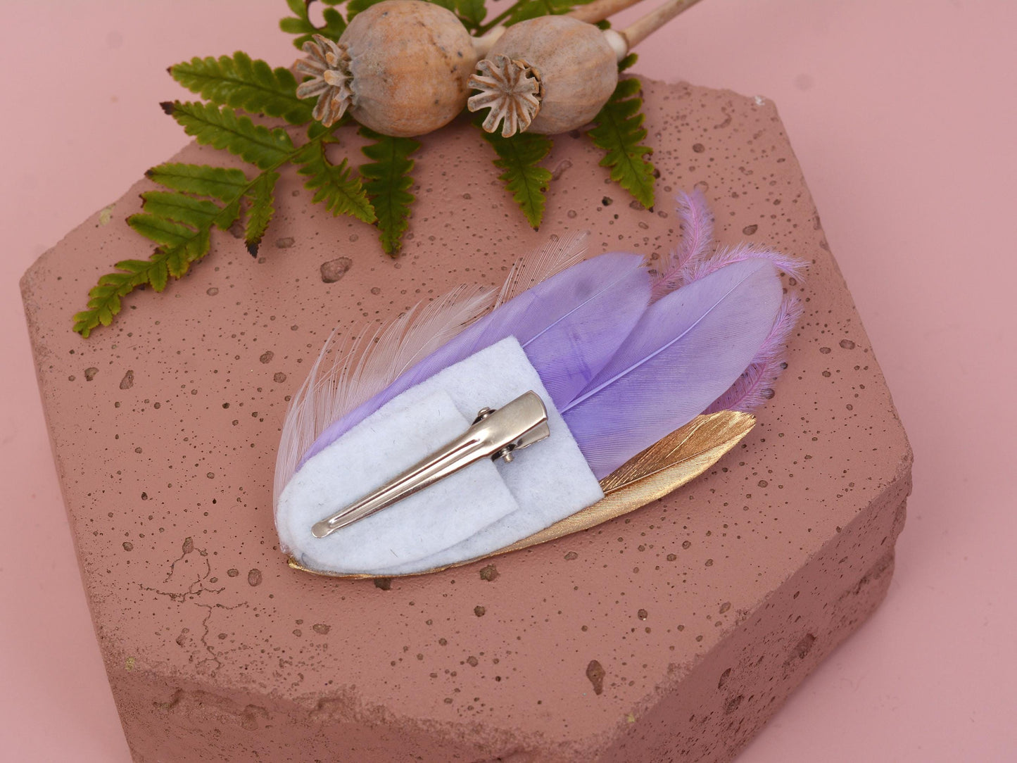 Lavender Purple and Gold Small Feather Hair Clip | Purple Feather Hair Clip | Feather Headpiece | Wedding Fascinator