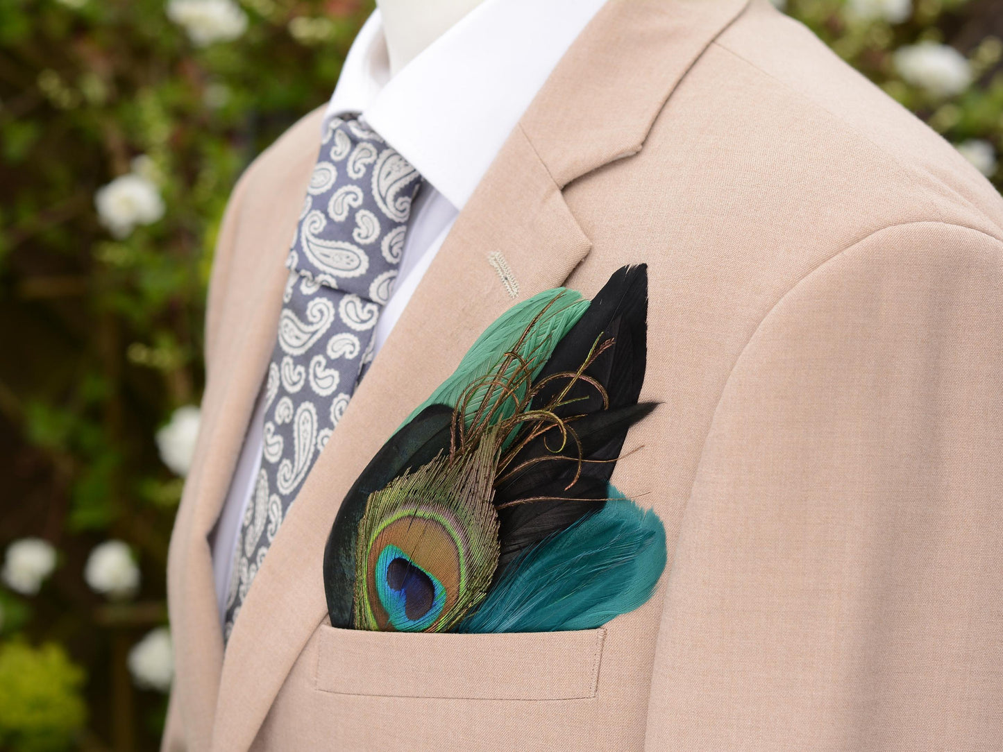 Shades of Green and Black Peacock Feather Pocket Square No.221 | Suit Accessory | Feather Neck Tie | Grooms Outfit