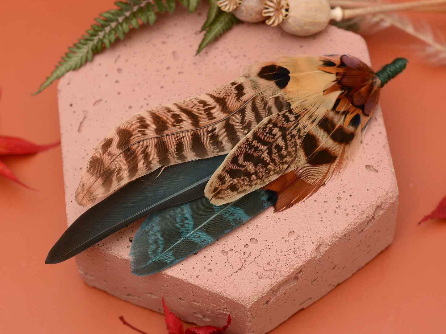 Large Green and Copper Pheasant Feather Boutonniere No.281 | Unique Pheasant Feather Hat Pin