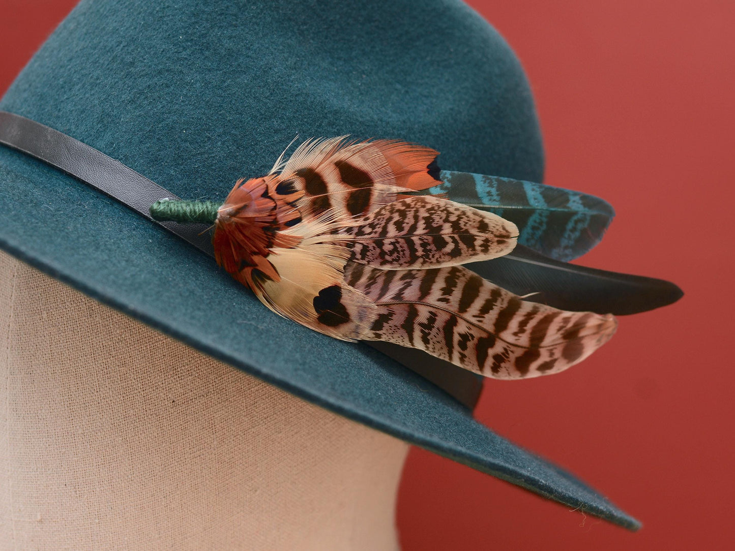 Large Green and Copper Pheasant Feather Boutonniere No.281 | Unique Pheasant Feather Hat Pin