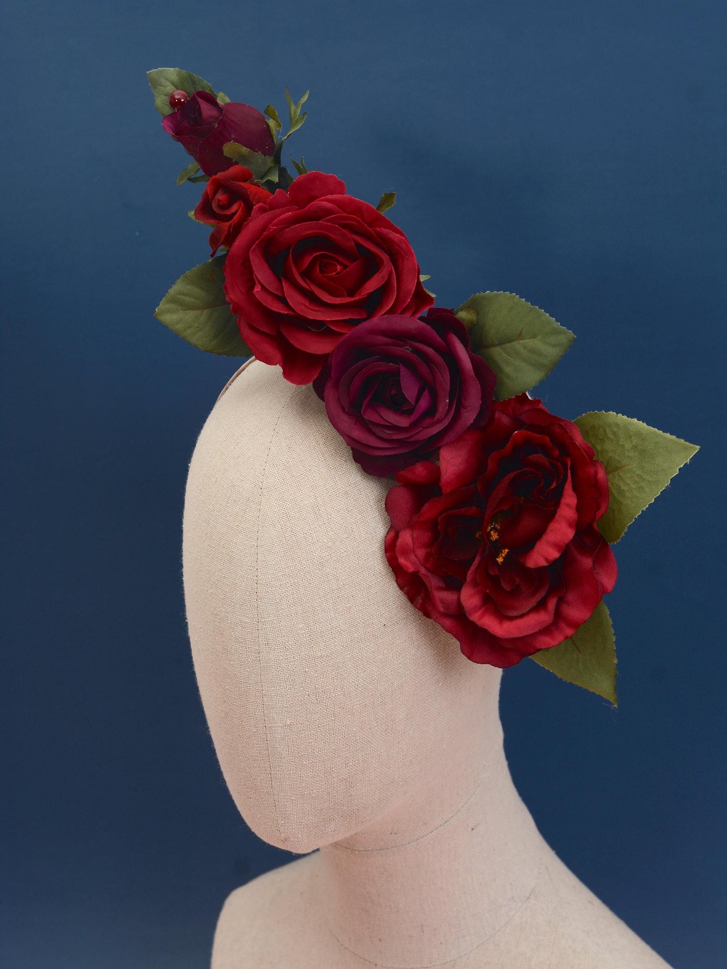 Sculptural Crimson and Plum Roses Headpiece | Flower Crown | Flower Fascinator | Flower Headband | Wedding Headpiece | Races Headpiece