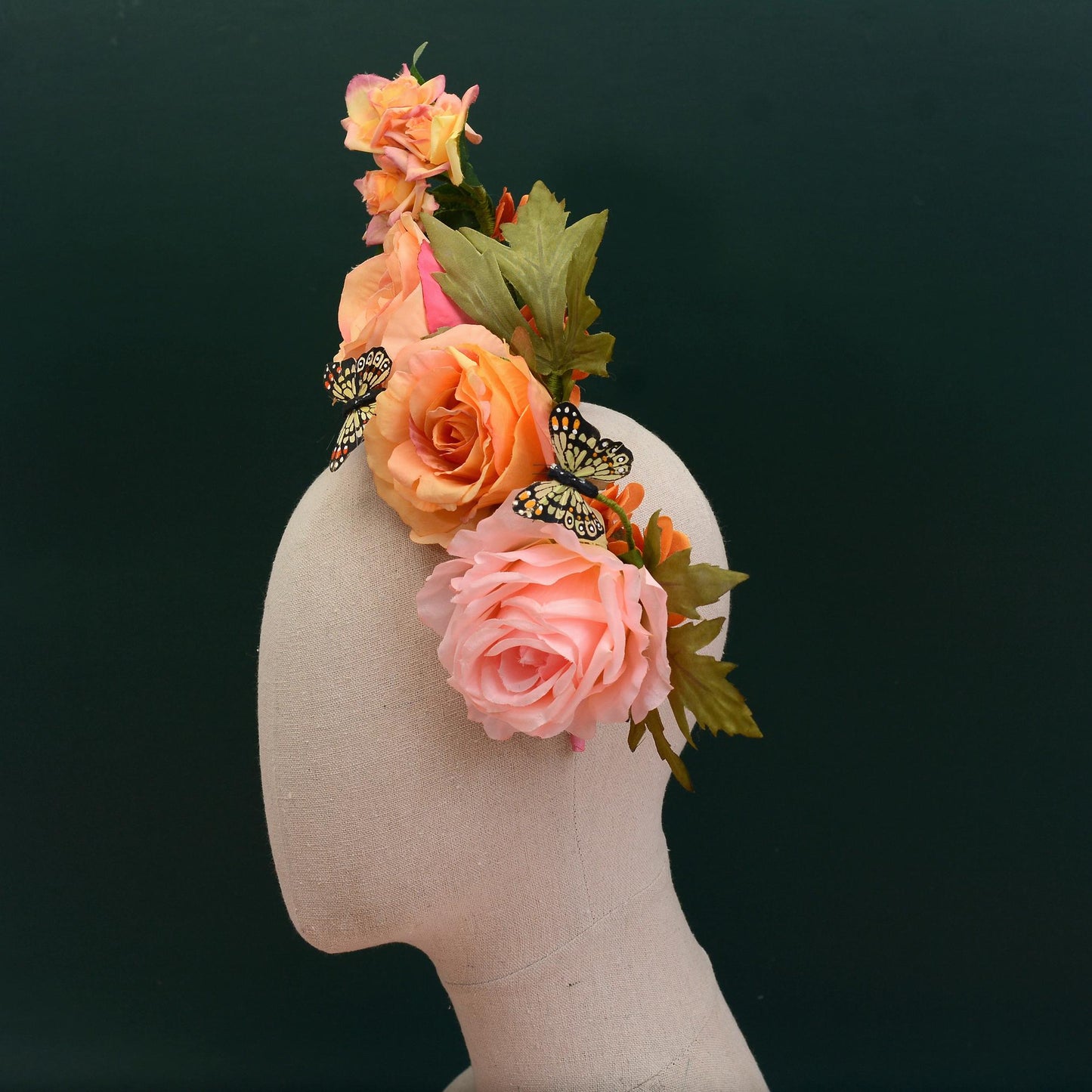 Sculptural Roses Headpiece in Pink and Orange | Flower Fascinator | Flower Headband | Wedding Headpiece | Races Headpiece