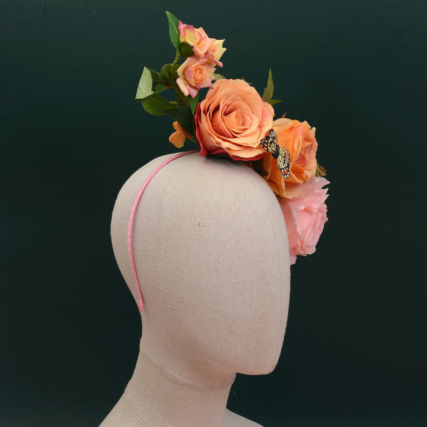 Sculptural Roses Headpiece in Pink and Orange | Flower Fascinator | Flower Headband | Wedding Headpiece | Races Headpiece