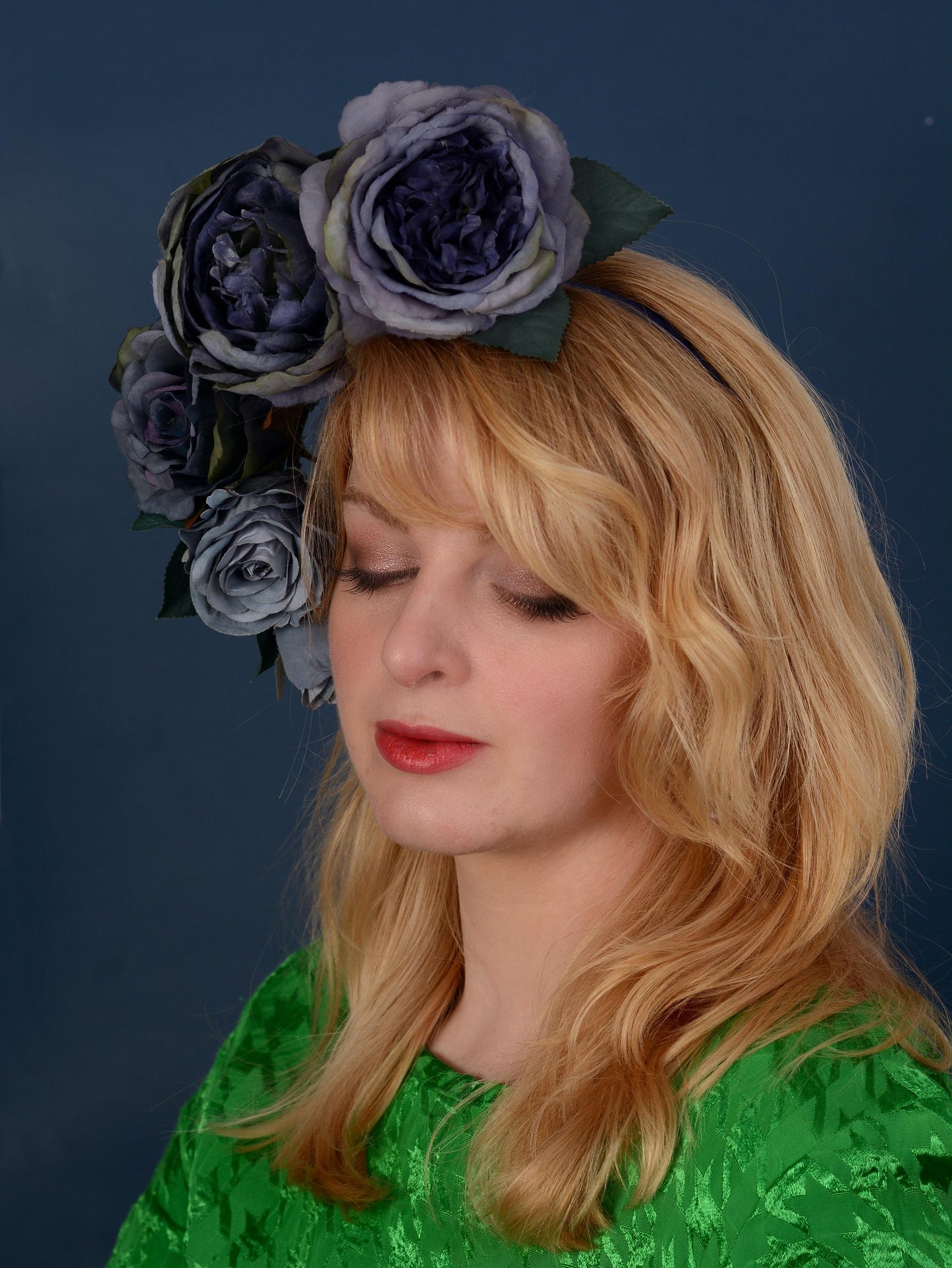 Sculptural Floating Flower Headpiece in Shades of Blue | Floating Rose Flower Crown | Flower Headband | Wedding Headpiece | Races Headpiece
