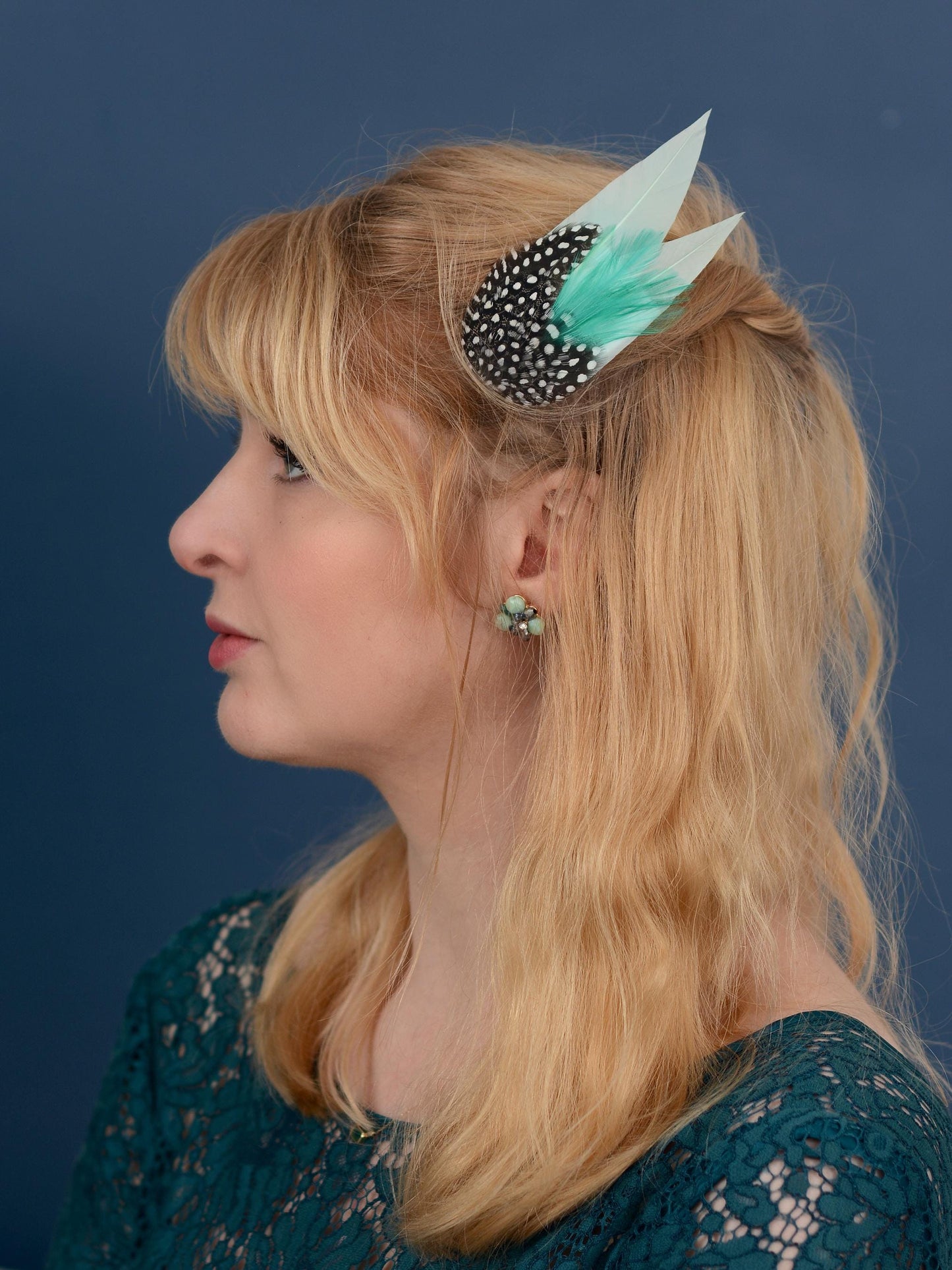 Pastel Mint and Polka Dot Feather Hair Clip, Feather Fascinator