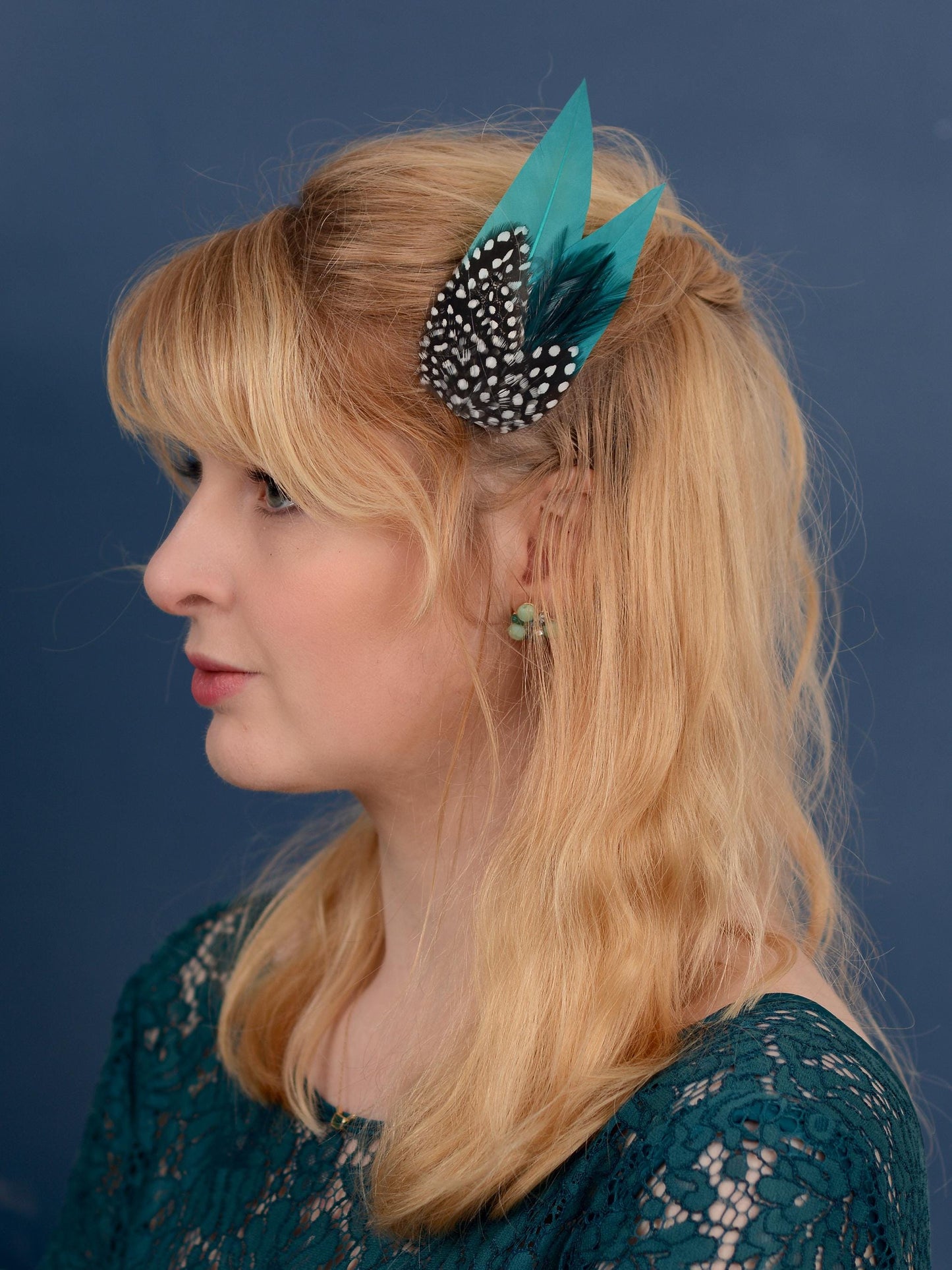 Teal Turquoise Feather Hair Clip with Spotted Feathers, Teal Feather Fascinator