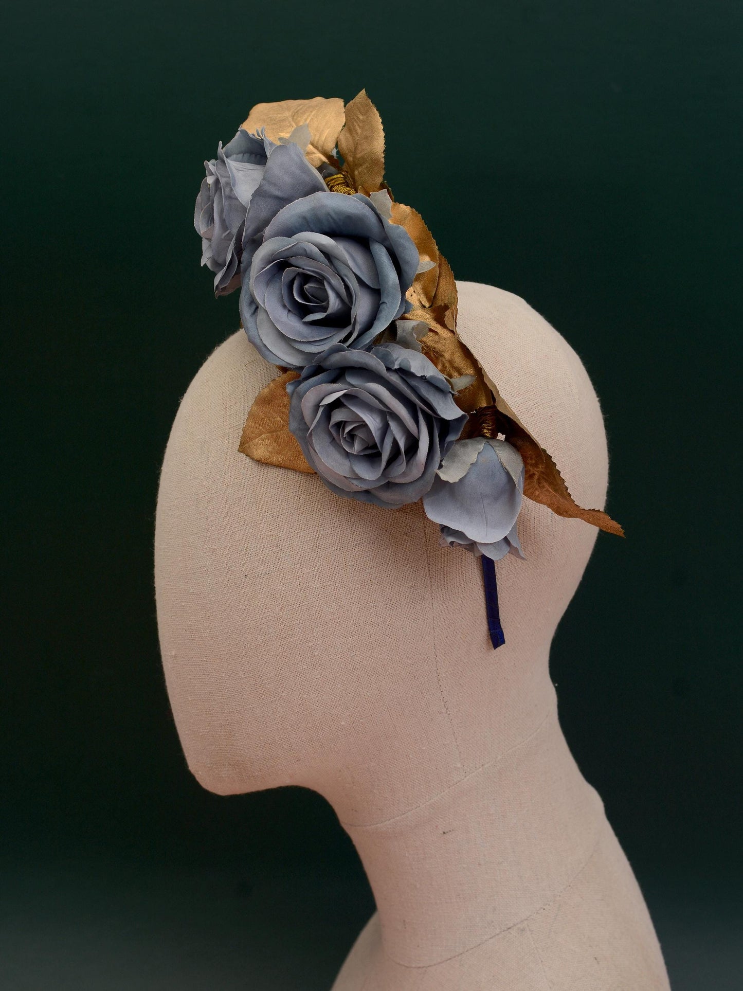 Flower Headpiece in Floating Blue and Gold Roses | Flower Headband | Bridal Headpiece | Wedding Headpiece | Races Headpiece