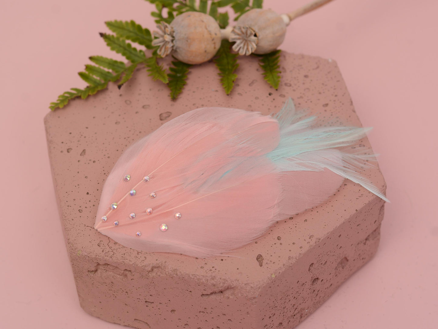 Feather Hair Clip in Vintage Pink and Mint with Crystal Embellishment | Feather Fascinator | Feather Headpiece | Bridal Hair Clip