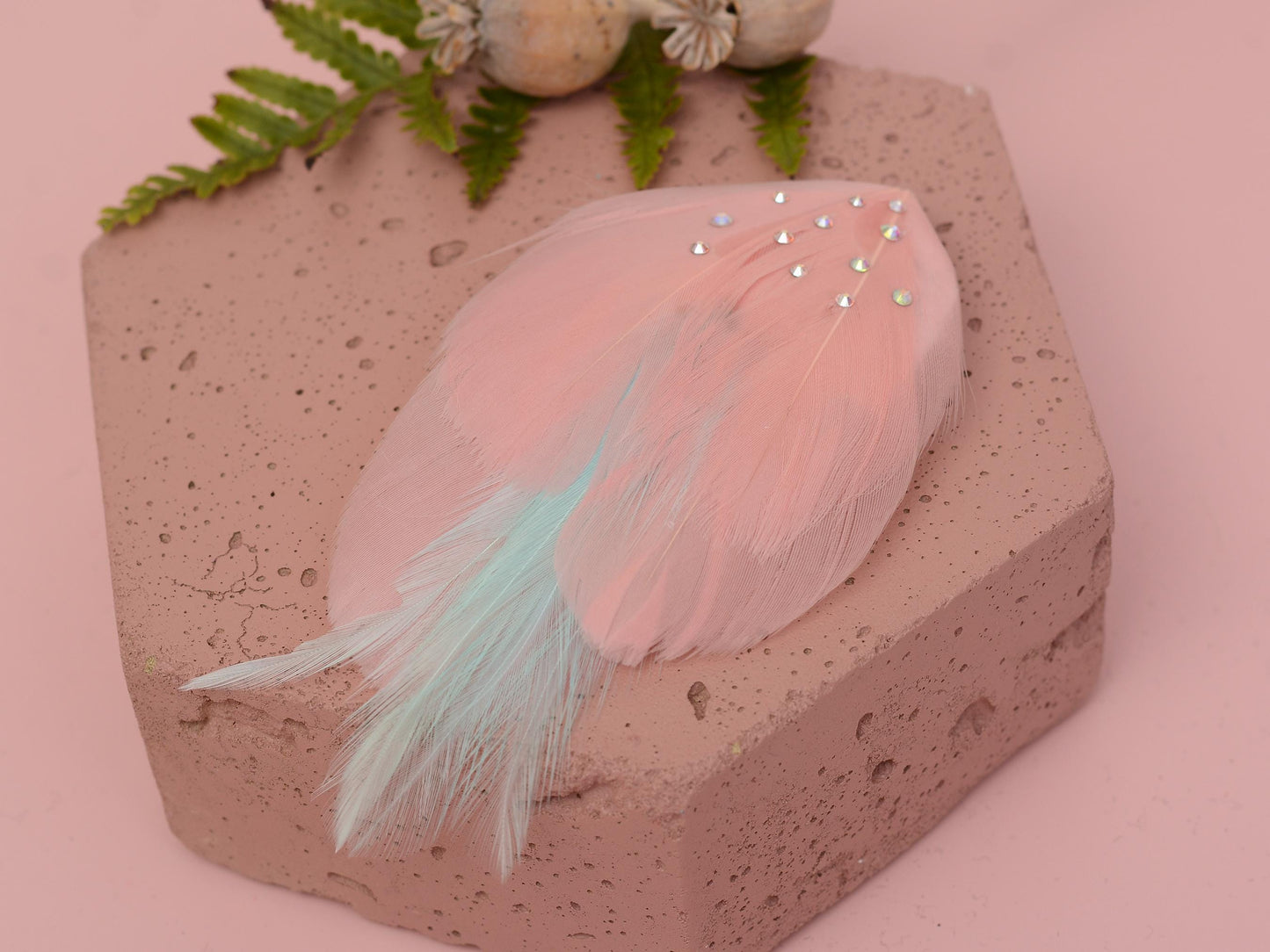 Feather Hair Clip in Vintage Pink and Mint with Crystal Embellishment | Feather Fascinator | Feather Headpiece | Bridal Hair Clip
