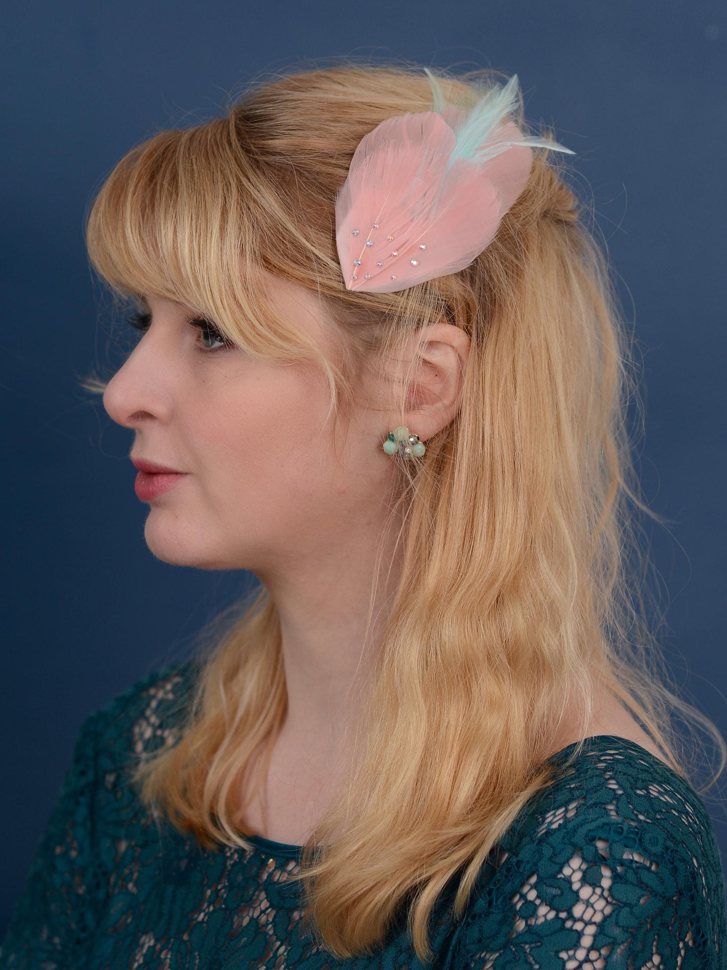 Feather Hair Clip in Vintage Pink and Mint with Crystal Embellishment | Feather Fascinator | Feather Headpiece | Bridal Hair Clip