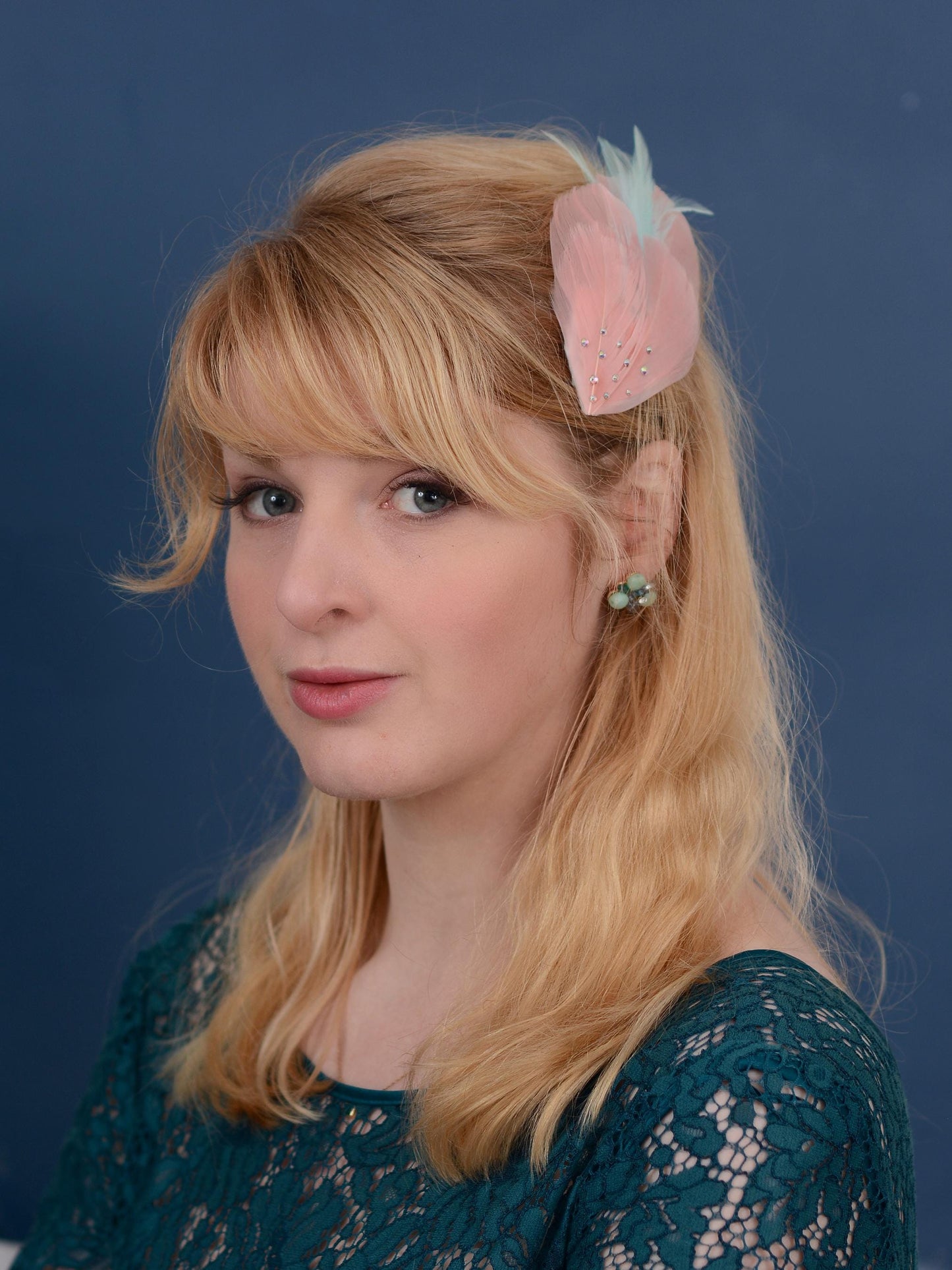 Feather Hair Clip in Vintage Pink and Mint with Crystal Embellishment | Feather Fascinator | Feather Headpiece | Bridal Hair Clip