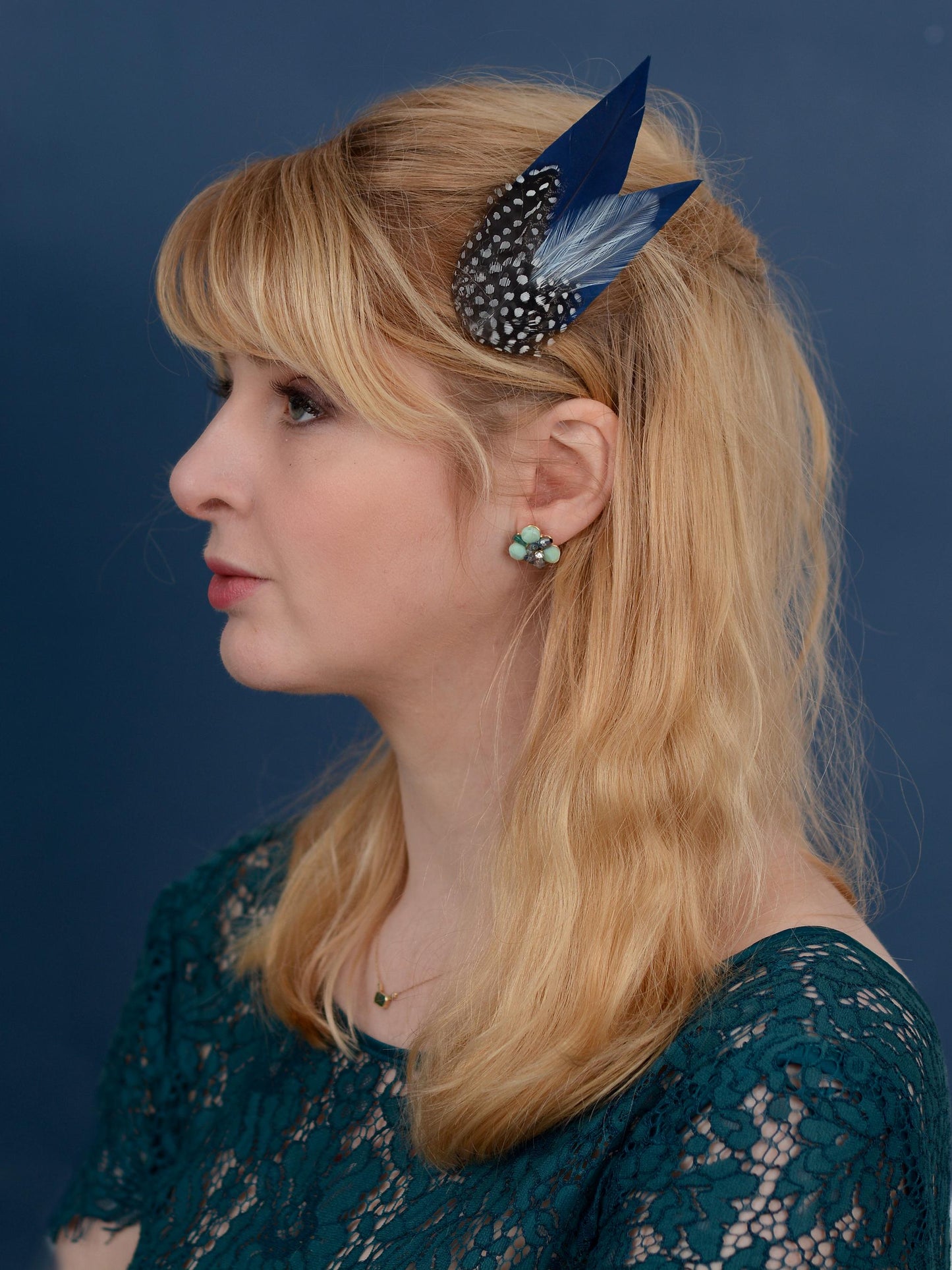 Navy Blue and Polka Dot Feather Hair Clip | Blue Feather Fascinator | Blue Feather Headpiece | Wedding Fascinator | Bridal Headpiece