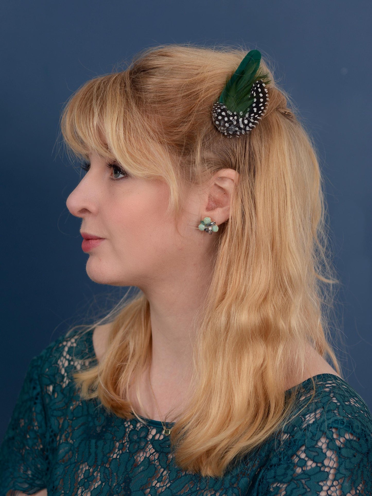 Feather Hair Clip in Bottle Green and Polka Dot | Green Feather Hair Clip | Green Feather Headpiece | Wedding Fascinator