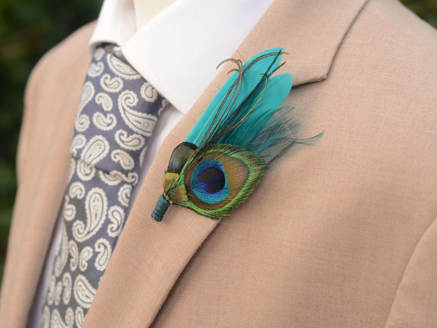 Teal Peacock Feather Boutonniere | Peacock Feather Corsage | Peacock Feather Brooch