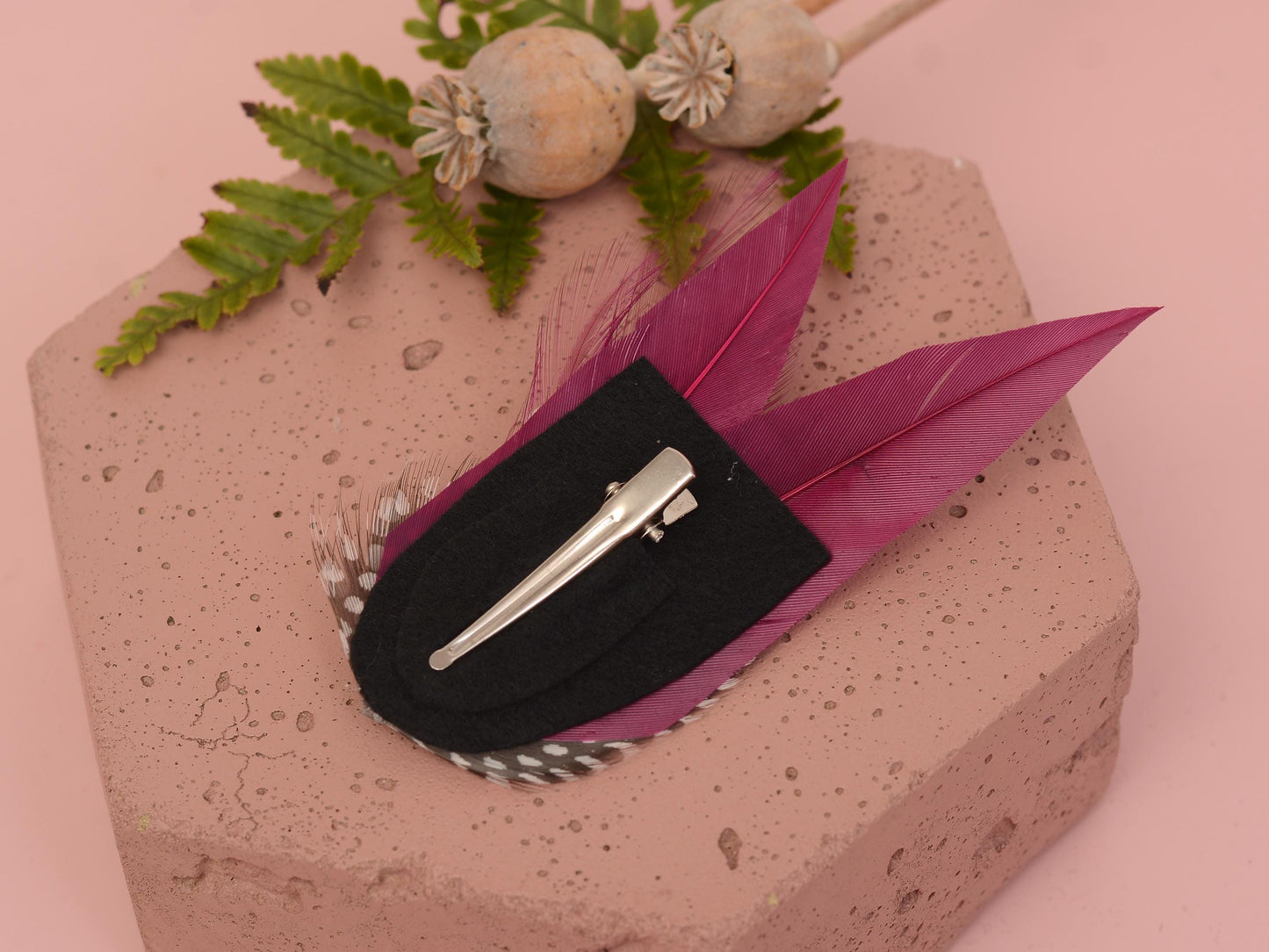 Plum Purple Feather Hair Clip with Polka Dots | Plum Feather Fascinator | Purple Feather Headpiece | Wedding Fascinator | Bridal Headpiece