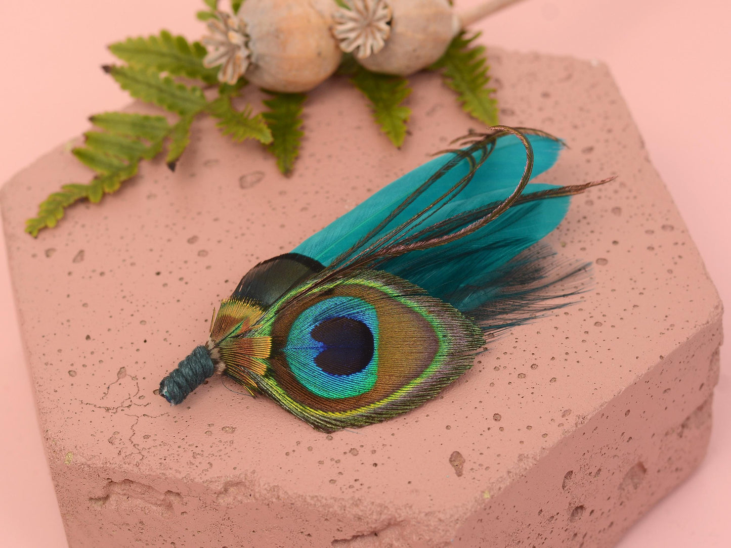 Teal Peacock Feather Boutonniere | Peacock Feather Corsage | Peacock Feather Brooch